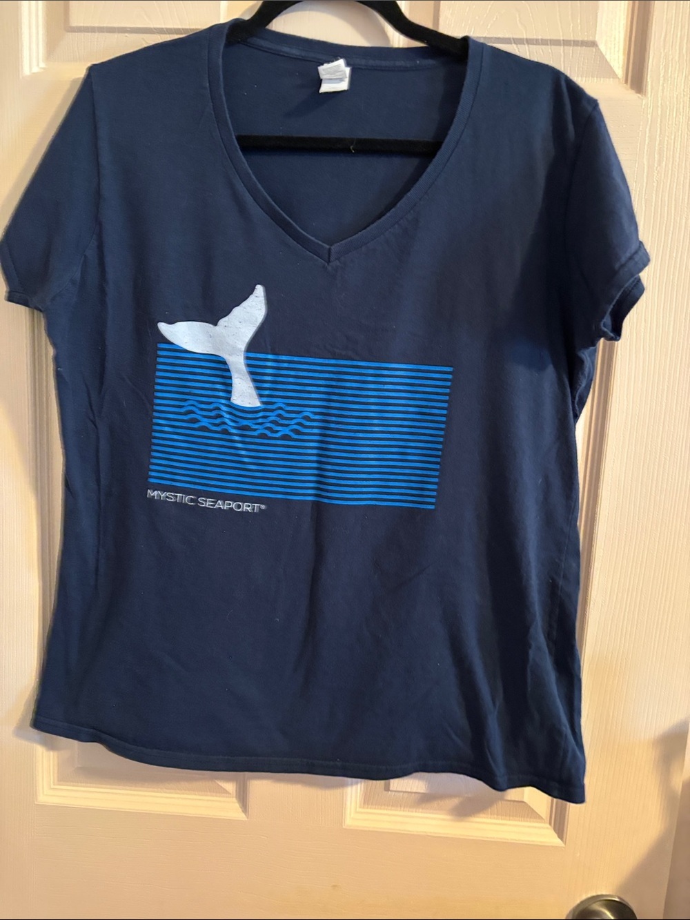 Gildan Navy Blue Short Sleeve V-Neck Whale Graphic Tee